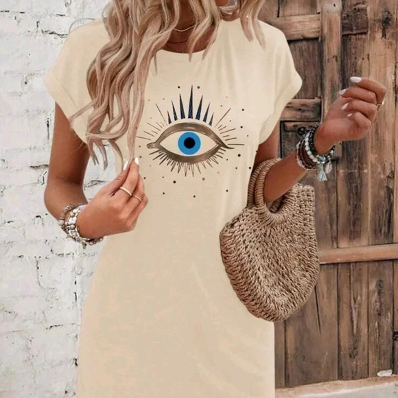 Women's Summer Eye Print Round Neck Bat Sleeve Casual Dress - Picture 2 of 5